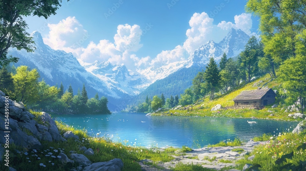 Stunning summer day by a tranquil alpine lake. Stunning summer day by a tranquil alpine lake.