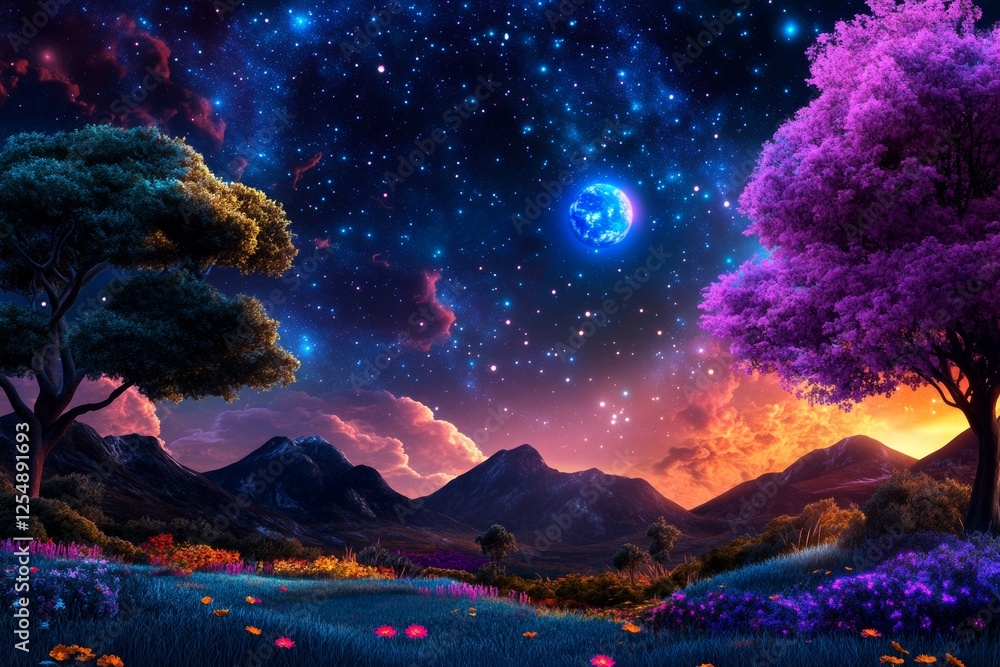 Naklejka premium Kids discovering a friendly alien on a distant, vibrant planet. Generative AI