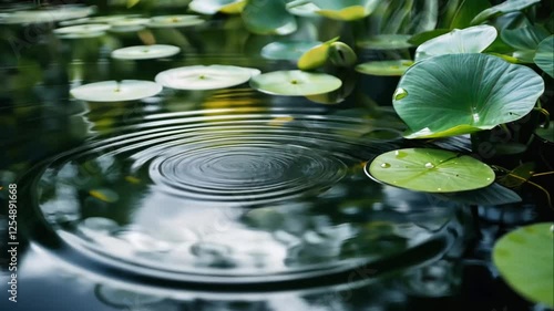 Ripples on a pond with water lily pads.
