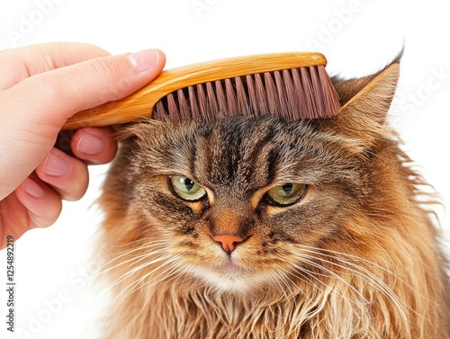 Grooming a Fluffy Cat with a Brush in a Calm Setting for Relaxation and Bonding photo