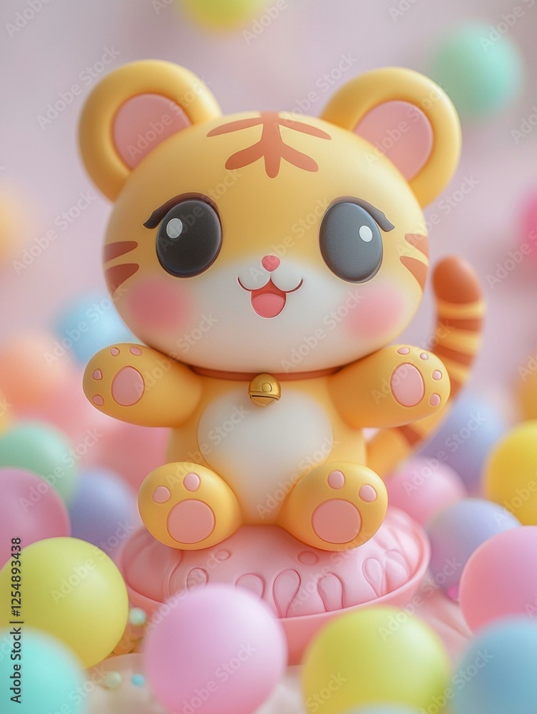 Adorable tiger figurine surrounded by pastel balloons. AI. Adorable tiger figurine surrounded by pastel balloons. AI.