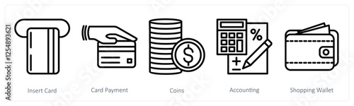 A set of 5 shopping icons as insert card, card payment, coins