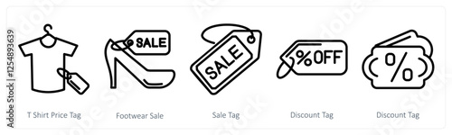 A set of 5 shopping icons as t shirt price tag, footwear sale, sale tag