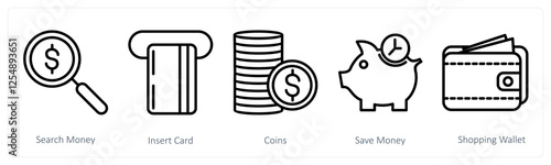 A set of 5 shopping icons as search money, insert card, coins