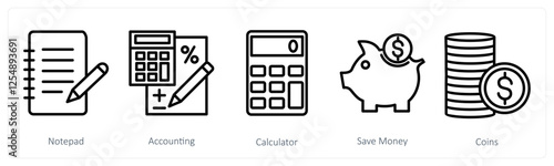 A set of 5 shopping icons as notepad, accounting, calculator