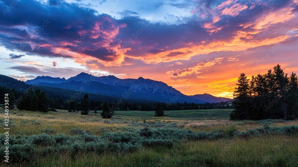 Fototapeta premium Sunset over a mountain landscape with vibrant skies.