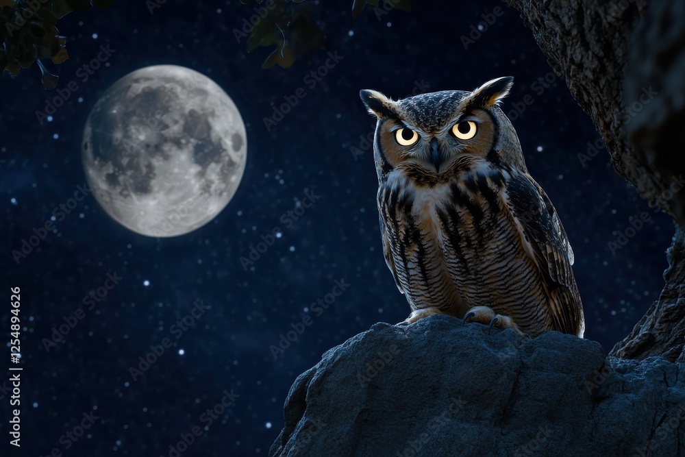 Wise Old Owl Perched on Ancient Tree at Night Wise Old Owl Perched on Ancient Tree at Night