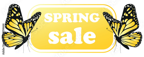 Spring Sale, special offer, background banner vector illustration. Beautiful Yellow Butterfly, Inscription