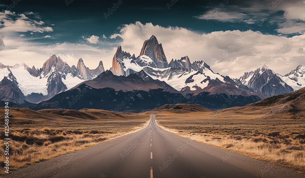 Fototapeta premium Amazing Highway Stretching Through Majestic Mountains Under Dramatic Cloudy Sky 