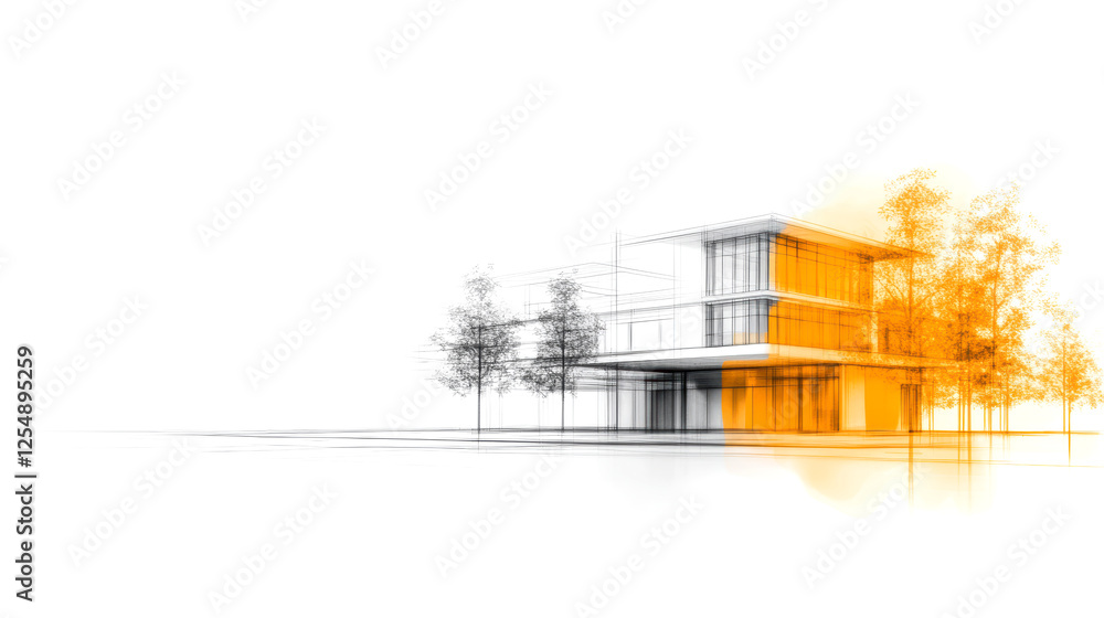 Architectural sketch of modern house with trees featuring minimalist design and bright yellow highlight Architectural sketch of modern house with trees featuring minimalist design and bright yellow highlight