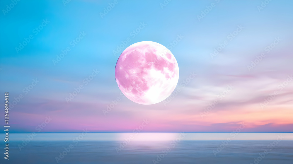 Pink moon over calm ocean at sunset, dreamy romantic landscape for travel posters Pink moon over calm ocean at sunset, dreamy romantic landscape for travel posters