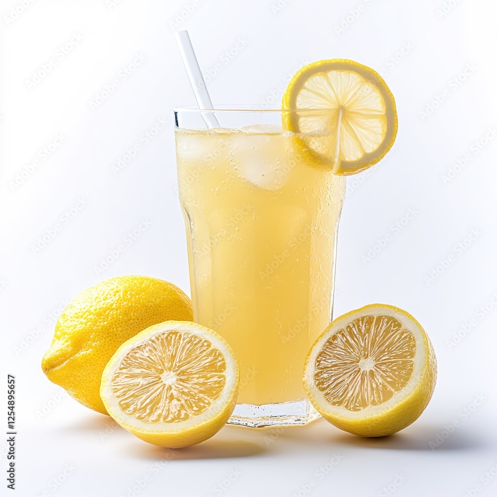 Refreshing Lemonade with Ice Cubes and Fresh Lemon Slices on a White Background Refreshing Lemonade with Ice Cubes and Fresh Lemon Slices on a White Background