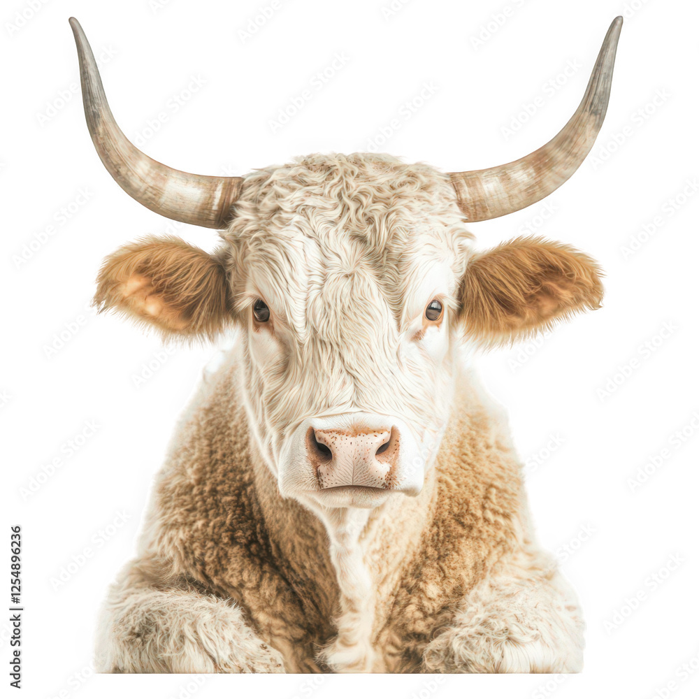 Naklejka premium Captivating Close-Up of a Highland Cow with Unique Features Isolated on White Background