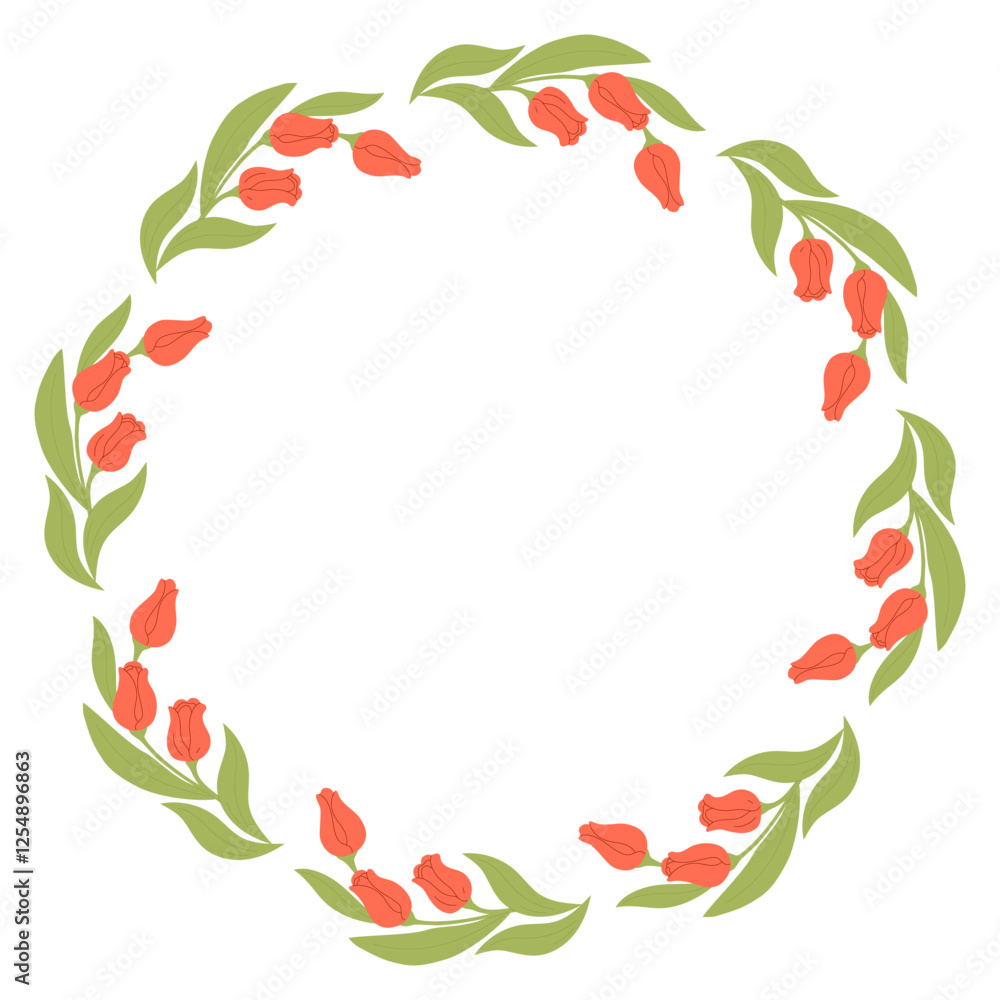 Round Frame with Bouquet Red Tulips. Festive decoration Circle Border Card with Spring Flowers. Vector illustration Round Frame with Bouquet Red Tulips. Festive decoration Circle Border Card with Spring Flowers. Vector illustration