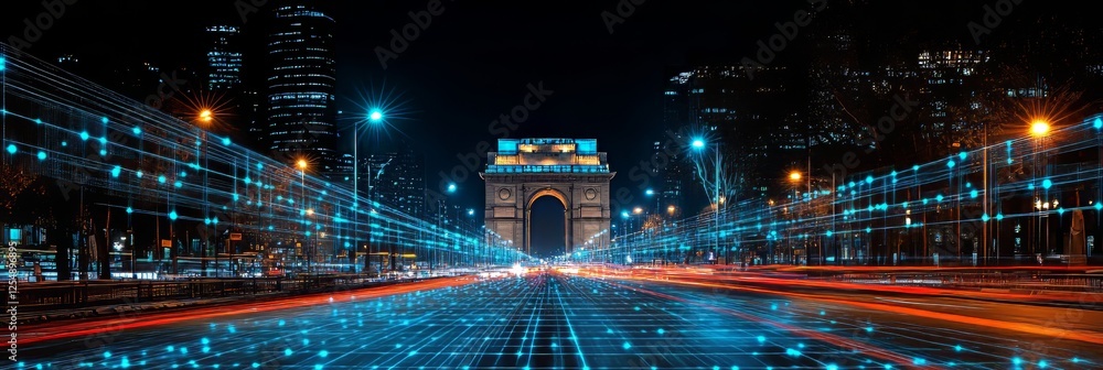 Fototapeta premium Arc de Triomphe in Paris at night with traffic trails and technology network concept overlay.