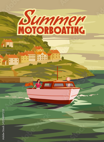 Summer Motorboating Trip poster retro, boat on the ocean, sea. Tropical cruise, sailboat, palms, summertime travel vacation. Vector illustration vintage