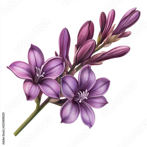 Beautiful illustration of vibrant purple flowers with delicate petals and lush green leaves on a clean white background