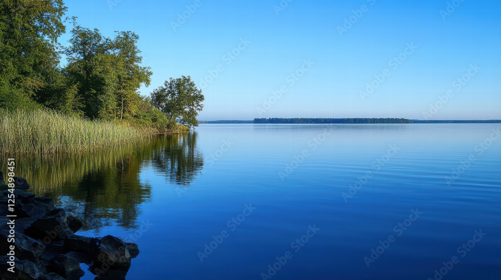 Obraz premium serene body of water reflects clear blue sky, surrounded by lush greenery and gentle ripples. tranquil scene invites relaxation and peace
