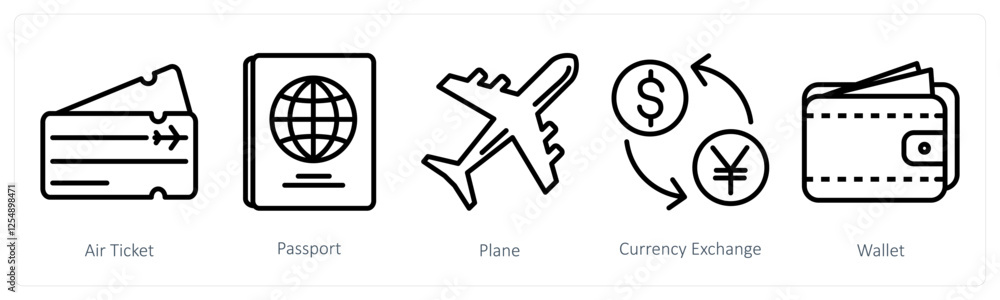 A set of 5 travel icons as air ticket, passport, plane A set of 5 travel icons as air ticket, passport, plane
