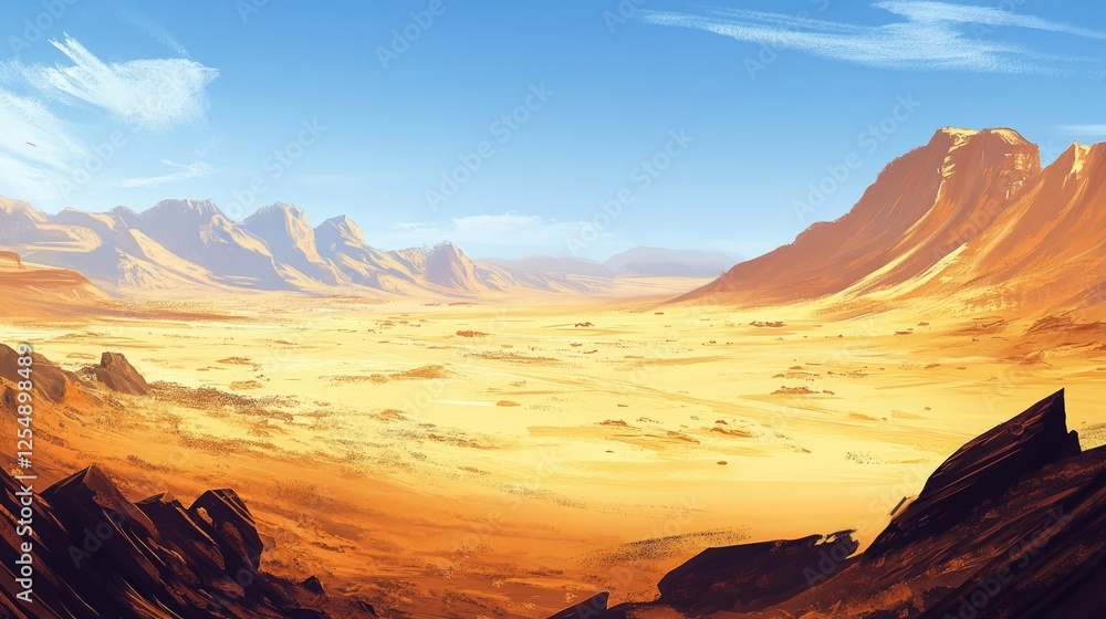 Naklejka premium Vast desert landscape with golden sands under a clear sky