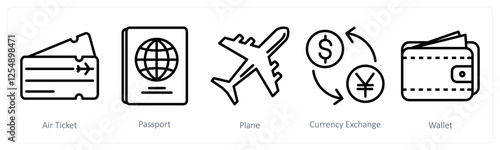 A set of 5 travel icons as air ticket, passport, plane