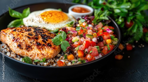 Salmon bowl with egg and salsa
