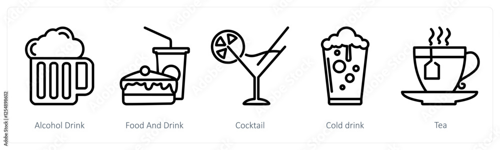 A set of 5 travel icons as alcohol drink, food and drink, cocktail A set of 5 travel icons as alcohol drink, food and drink, cocktail
