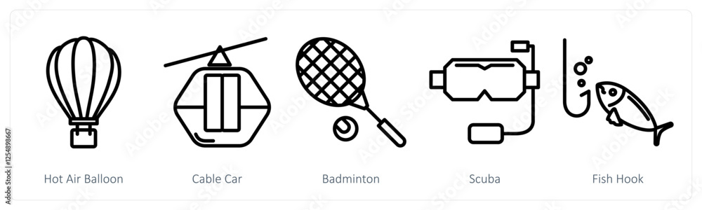 A set of 5 travel icons as hot air balloon, cable car, badminton A set of 5 travel icons as hot air balloon, cable car, badminton