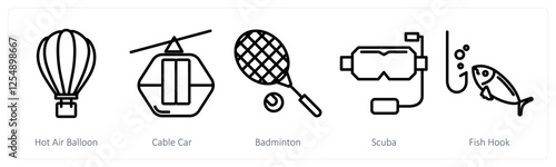 A set of 5 travel icons as hot air balloon, cable car, badminton