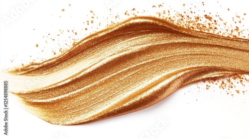 Sunlit amber powder stroke texture, crystalline shimmer particles, graceful sweep motion, premium beauty photography, pure background, detailed cosmetic capture photo