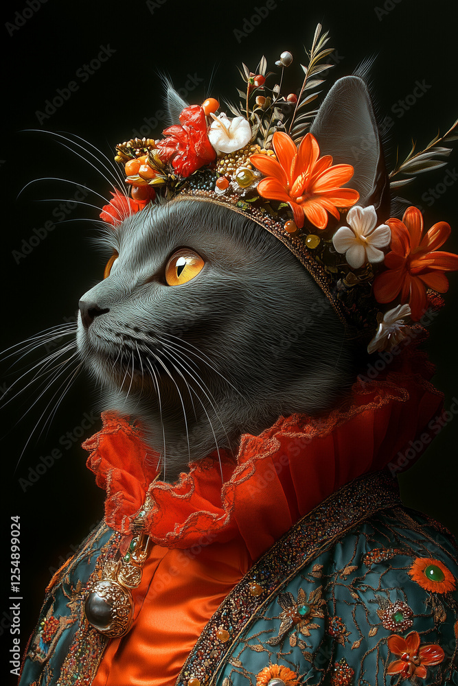 Naklejka premium Cat Portrait in Festive Costume– Vibrant Carnival Artwork for Posters, Wall Art, Phone Cases, Pillow Covers & T-Shirts