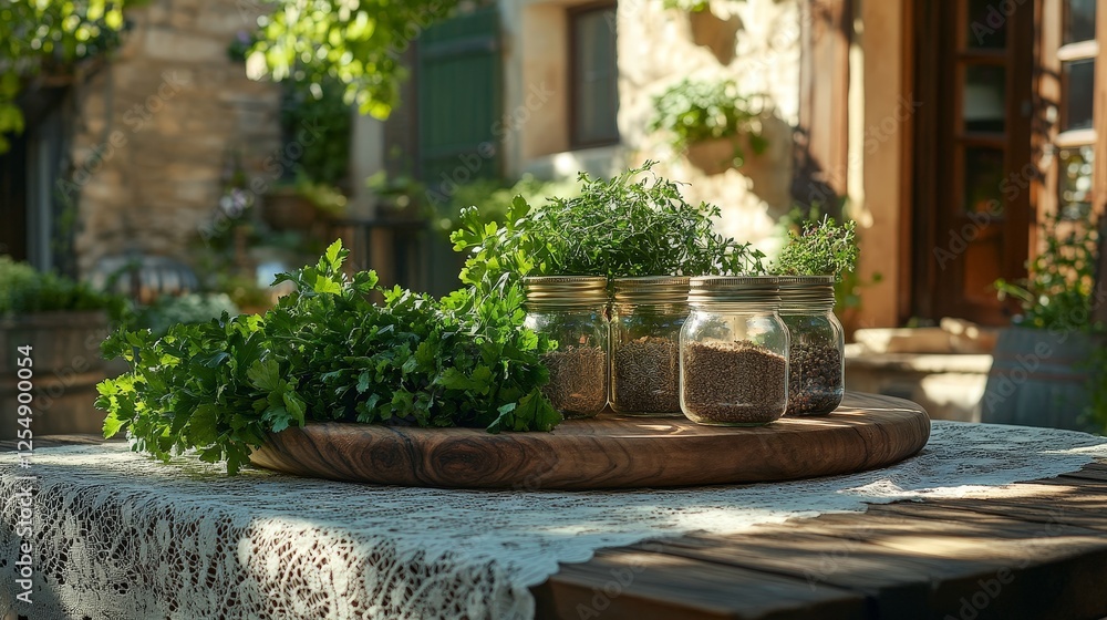 A rustic table displays fresh herbs and spices in jars, emphasizing a cooking or gardening theme. A rustic table displays fresh herbs and spices in jars, emphasizing a cooking or gardening theme.