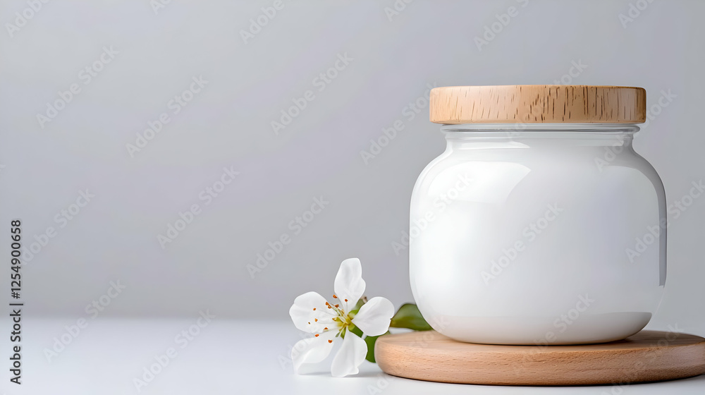 White cream jar with flower, minimalist background, skincare product White cream jar with flower, minimalist background, skincare product