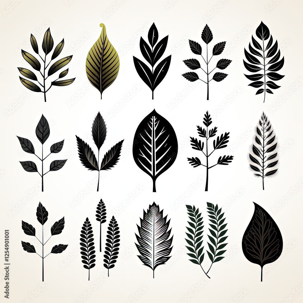 Artistic Outline of Various Leaves in Black Silhouette for Nature Illustration Artistic Outline of Various Leaves in Black Silhouette for Nature Illustration