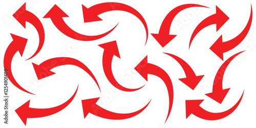 Red arrow curve direction vector. Set of long Red curve arrow icon vector . Red curve arrow icon set. long arrow icon set. curve arrow vector illustration. Curved or arch arrow. Design eps 10. 