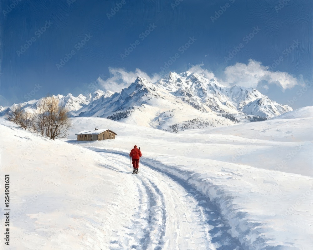 Serene Winter Landscape with Snowy Path and Mountaintops Under Clear Blue Sky Serene Winter Landscape with Snowy Path and Mountaintops Under Clear Blue Sky