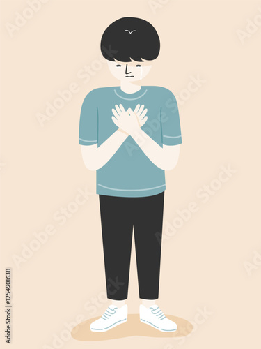 A boy hugging self and crying in child mental health concept. flat vector illustration.