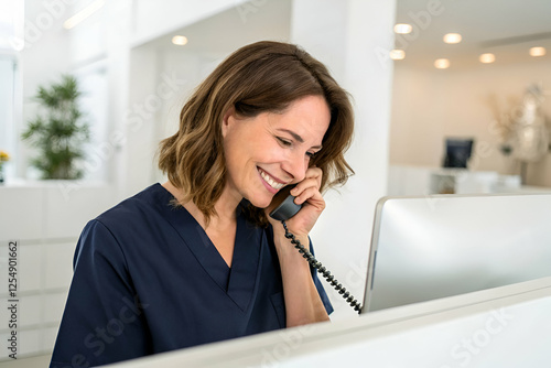 A smiling woman in scrubs talks on the phone at a modern reception desk, exuding professionalism and warmth in a bright environment.