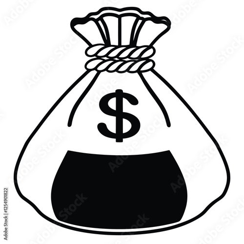 A bag of money with a dollar sign and coins vector line art,