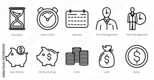 A set of 10 business icons as hourglass, alarm clock, calendar