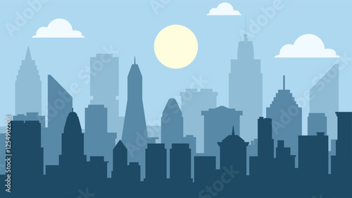 Landscape silhouette of city scenery in the morning. Panoramic cityscape with sunrise and clear sky. Vector illustration of scenic skyline building in metropolis area