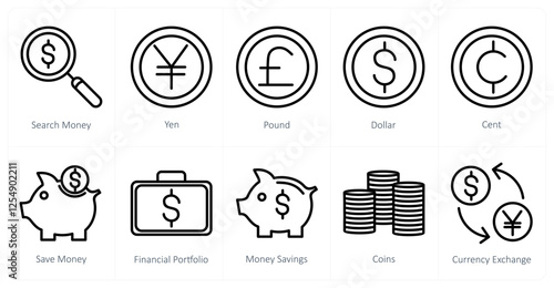 A set of 10 business icons as search money, yen, pound