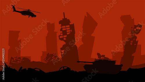 Silhouette of destroyed city in the battlefield landscape. Cityscape of aftermath war in the downtown area with city ruins. Vector illustration of urban apocalypse scene with helicopter and tank