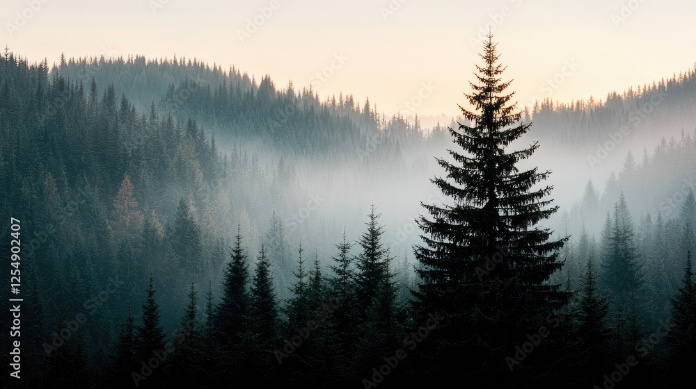 Fototapeta premium Misty mountain sunrise, coniferous forest, tranquil landscape, nature wallpaper