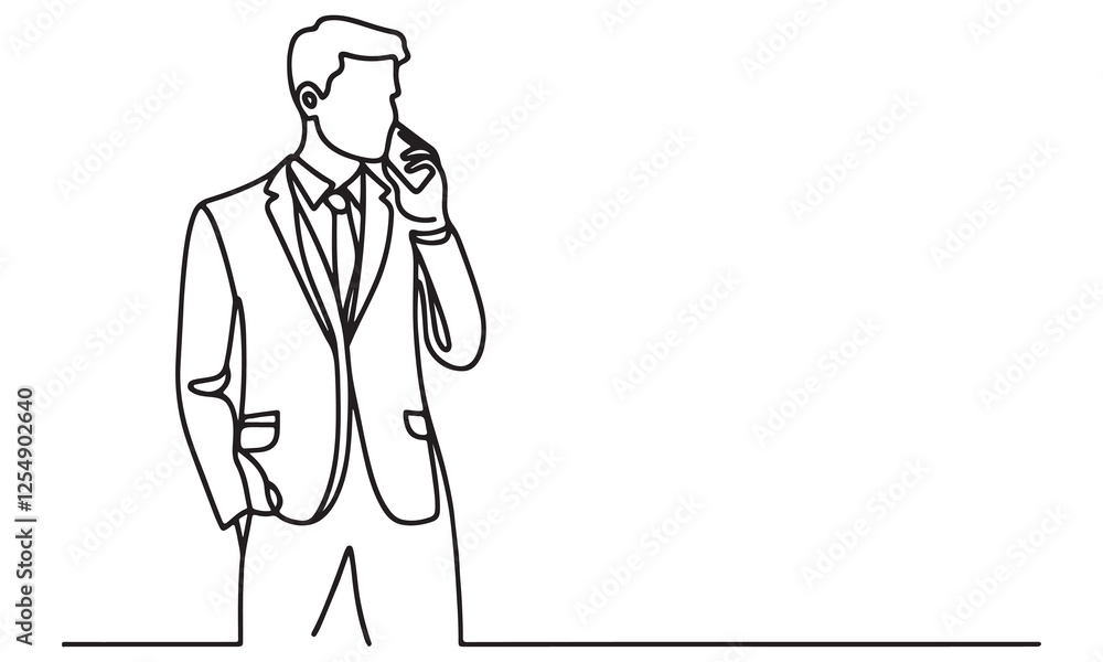 continuous one single line art doodle drawing of businessman is standing and talking on smartphone illustration continuous one single line art doodle drawing of businessman is standing and talking on smartphone illustration