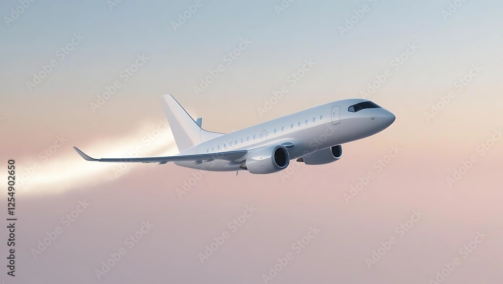 Obraz premium White minimalist airplane flying through soft pastel gradient sky of blue and pink, leaving a faint glowing contrail symbolizing freedom and adventure 