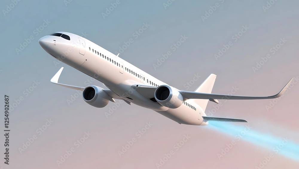 White minimalist airplane flying through soft pastel gradient sky of blue and pink, leaving a faint glowing contrail symbolizing freedom and adventure
White minimalist airplane flying through soft pastel gradient sky of blue and pink, leaving a faint glowing contrail symbolizing freedom and adventure