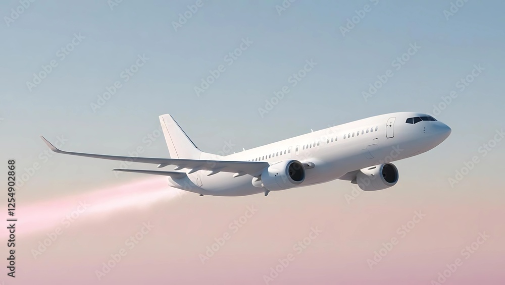 Obraz premium White minimalist airplane flying through soft pastel gradient sky of blue and pink, leaving a faint glowing contrail symbolizing freedom and adventure 