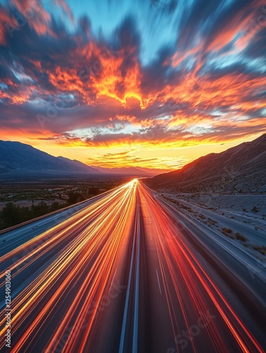 Highway at Sunset with Light Trails and Dramatic Sky in a Long Exposure Landscape