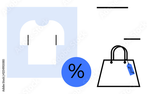 Clothing item, blue percentage sign, shopping bag with price tag, minimalist lines. Ideal for e-commerce, online shopping, discounts, retail marketing, fashion sales promotions shopping bloggers
